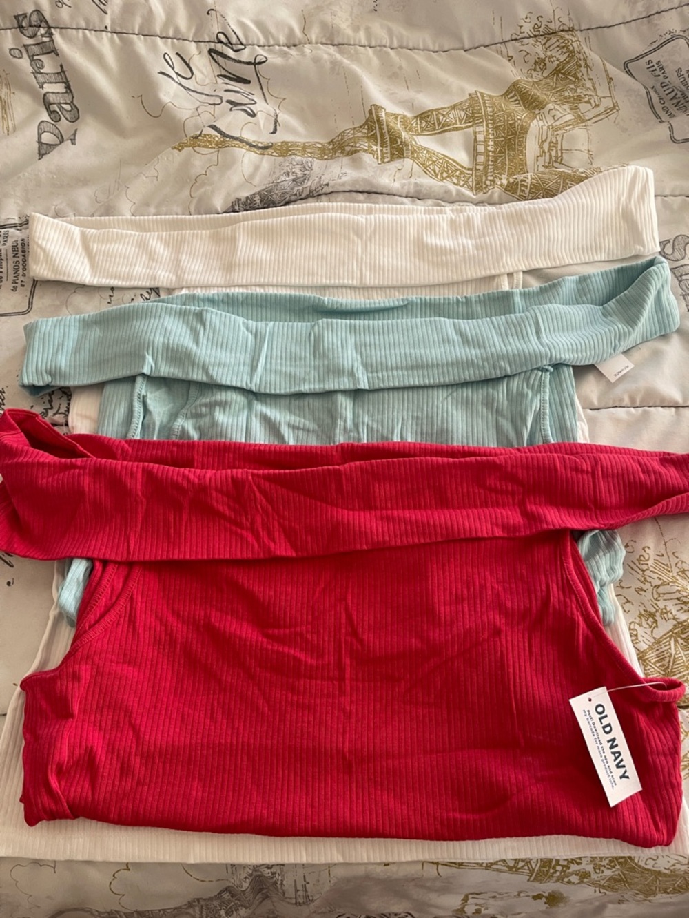 Old Navy Ribbed Off-Shoulder Tops in White, Light Blue, and Red - Picture 2 of 2